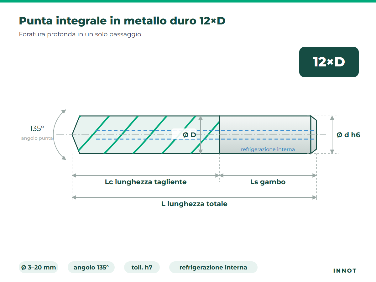 Punta integrale in metallo duro 12×D – disegno tecnico INNOT